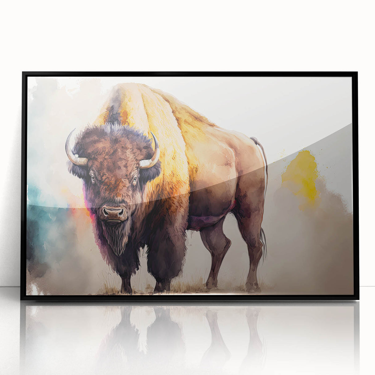 Framed acrylic wall art showcasing a striking black bison design, perfect for wildlife enthusiasts, set against a sleek black frame for elegant decor.
