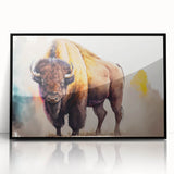 Framed acrylic wall art showcasing a striking black bison design, perfect for wildlife enthusiasts, set against a sleek black frame for elegant decor.