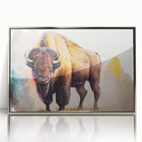 Framed wall art showcasing a striking silver-accented design of a buffalo, emphasizing detailed textures and vibrant colors, perfect for wildlife enthusiasts.