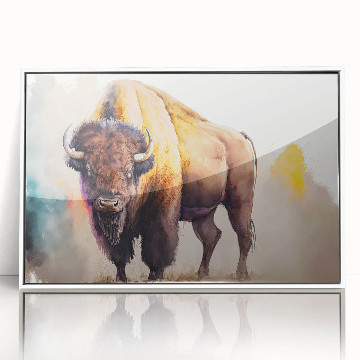 Framed wall art featuring a striking design of a buffalo, showcasing intricate details and vibrant colors, perfect for wildlife enthusiasts and home decor.