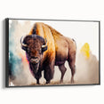 Framed canvas wall art showcasing a side view of a majestic buffalo, featuring rich black tones and intricate bison design, perfect for wildlife decor enthusiasts.