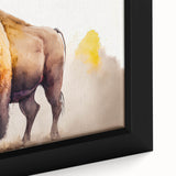 Close-up of a framed canvas wall art featuring a majestic American bison in a natural setting, highlighting its detailed fur and powerful presence, ideal for wildlife enthusiasts.