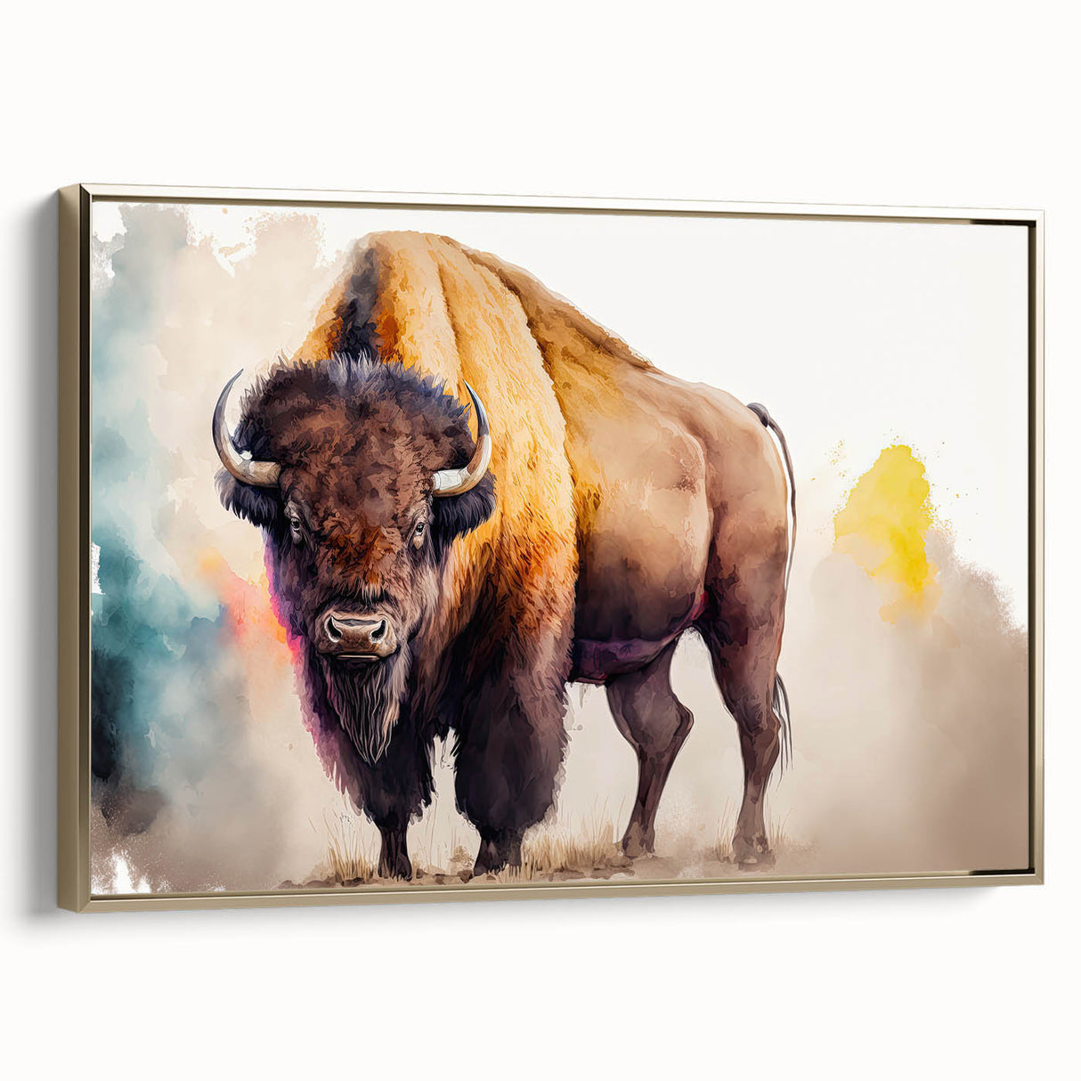 Framed wall art showcasing a majestic buffalo in a natural setting, highlighted by a gold border, perfect for enhancing home decor with wildlife elegance.
