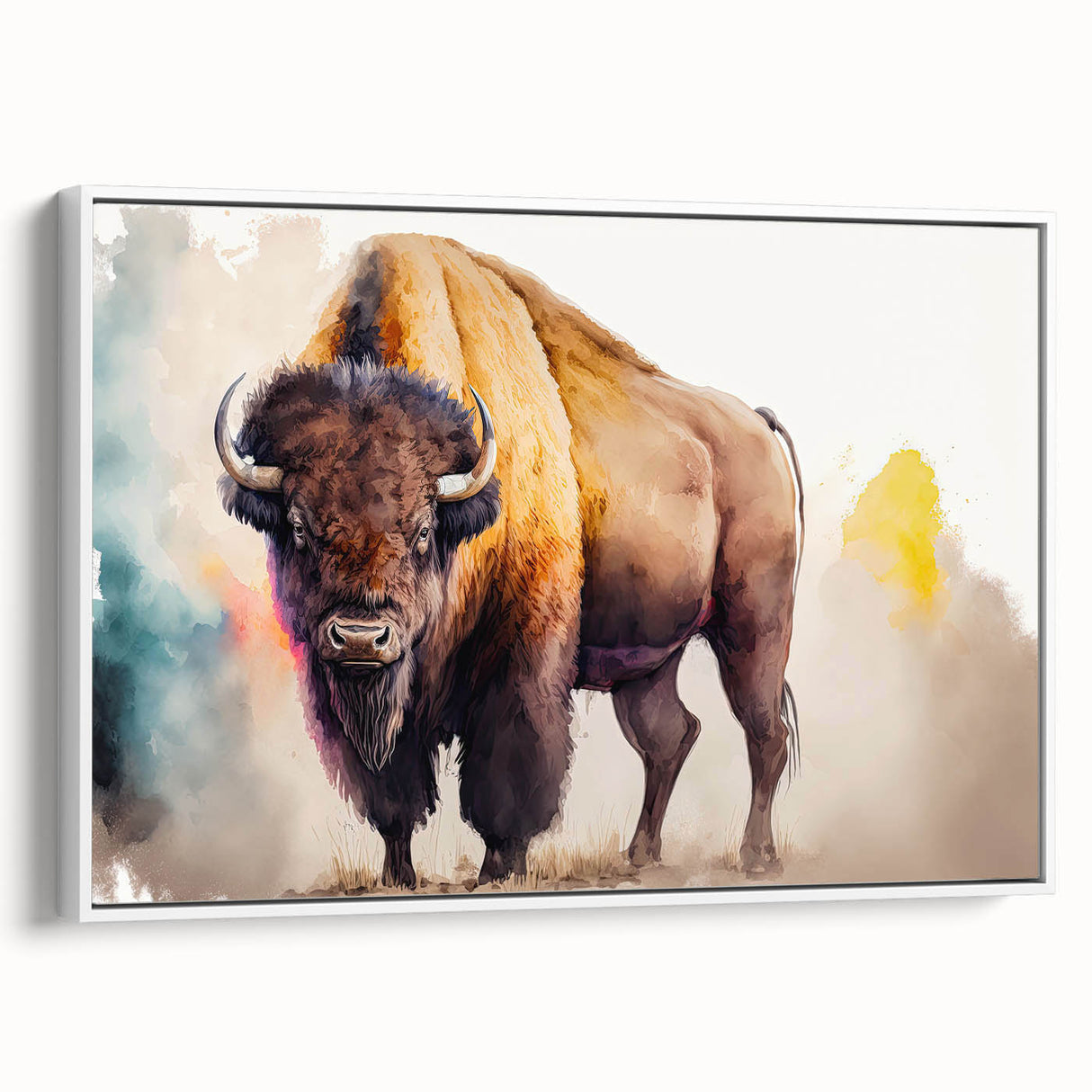 Framed canvas wall art depicting a majestic buffalo in a natural setting, showcasing rich colors and textures that enhance home decor. Ideal for wildlife enthusiasts.