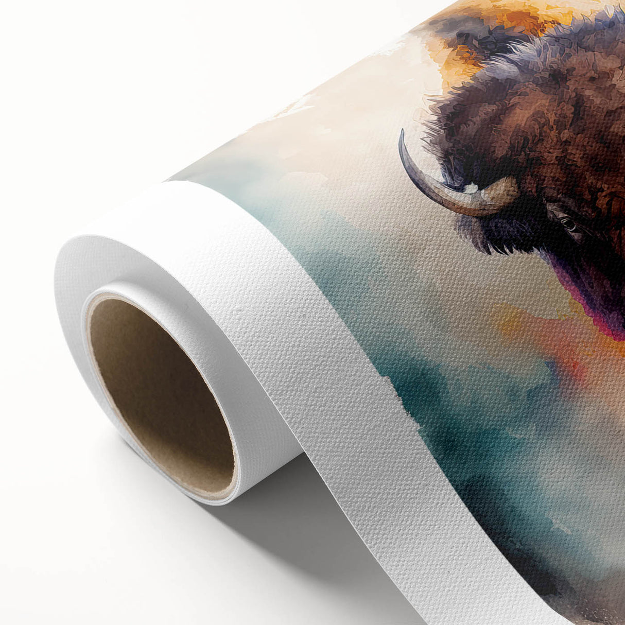 Buffalo wall art design on rolled canvas showcasing a vibrant wildlife scene, featuring a majestic bison in natural colors, ideal for enhancing home decor.
