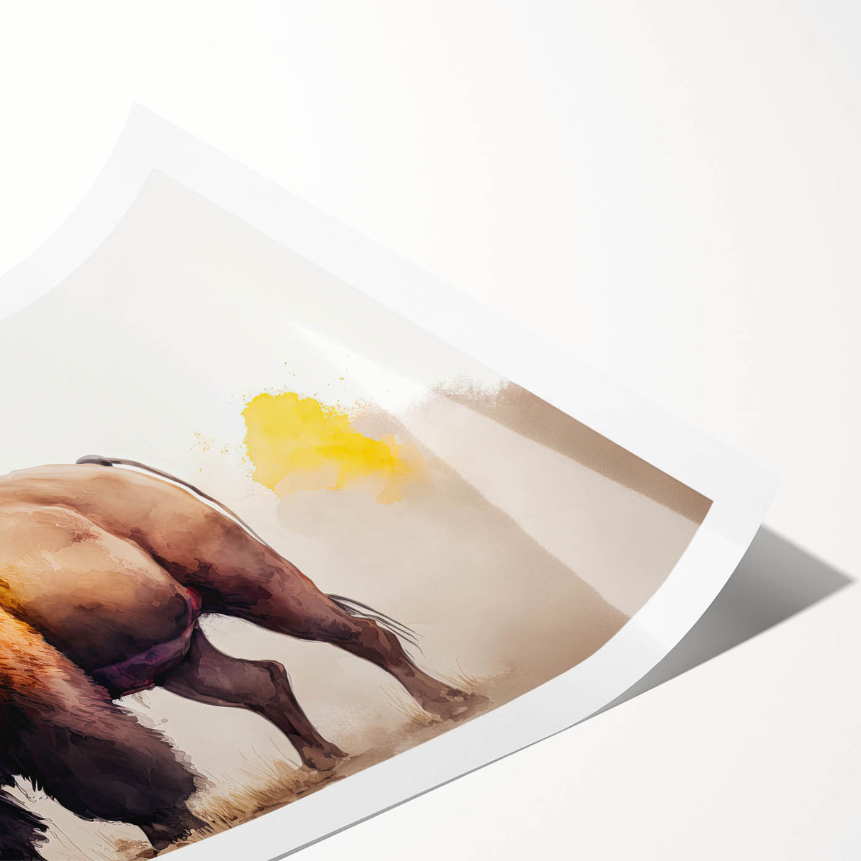 Buffalo wall art print showcasing a majestic bison in a natural landscape, designed for wildlife enthusiasts, perfect for home decor. Textured rolled canvas in vibrant colors.
