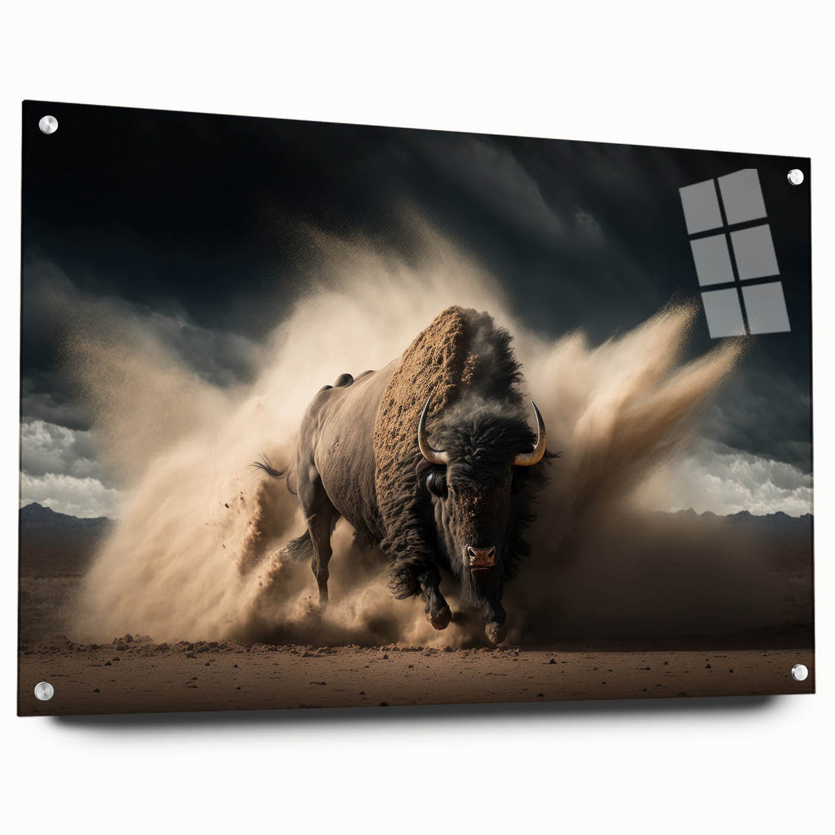 Side view of a striking buffalo wall art piece designed by Bisson, featuring vibrant colors and an acrylic glass finish, ideal for home decor and wildlife enthusiasts.