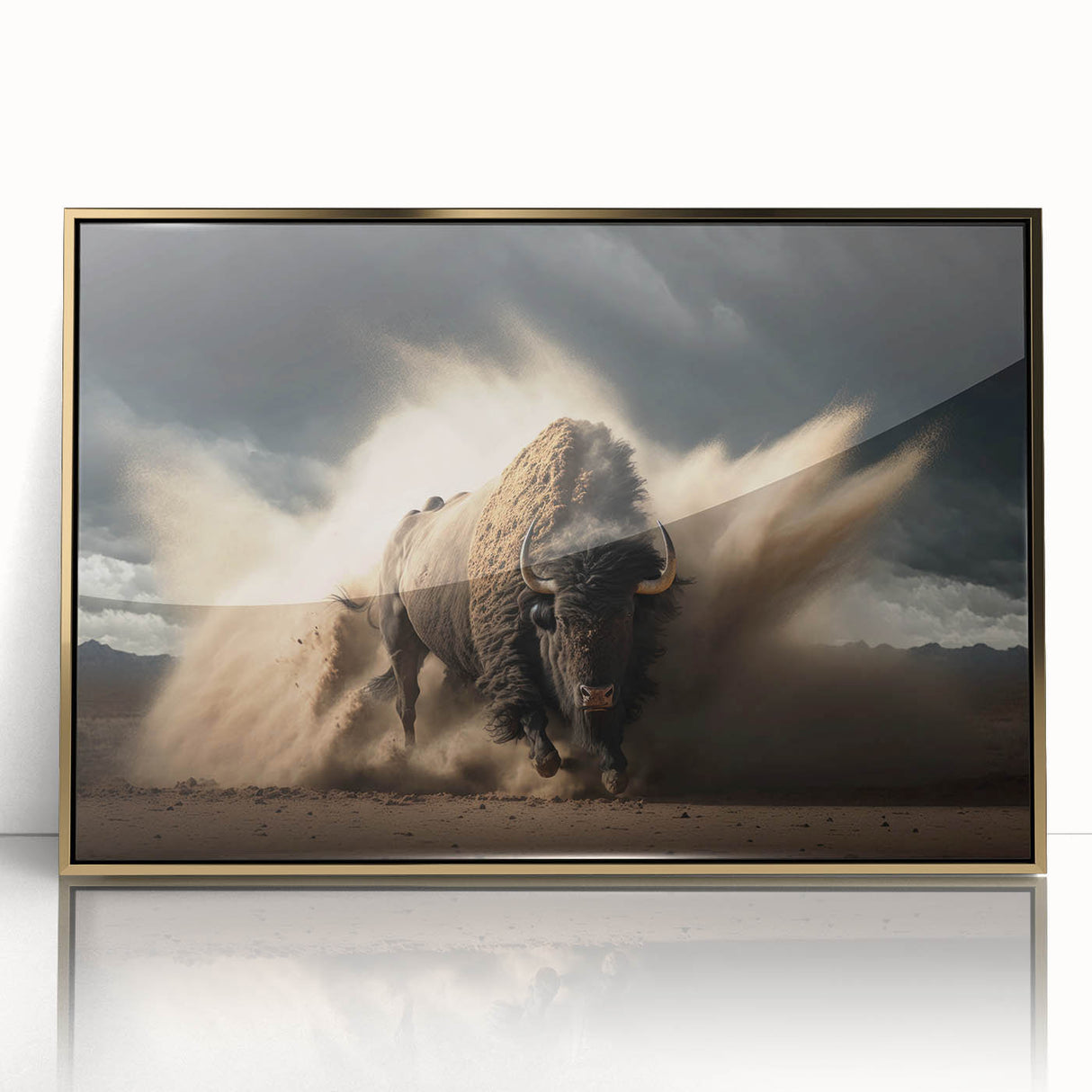Framed wall art showcasing a majestic buffalo design, featuring intricate details and a gold-acrylic finish, perfect for wildlife enthusiasts and home decor.