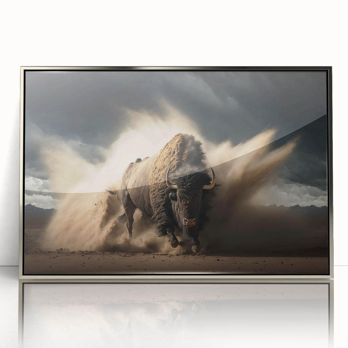 Framed acrylic wall art showcasing a majestic buffalo in a wild setting, featuring intricate detailing and a sleek silver frame, perfect for nature enthusiasts.