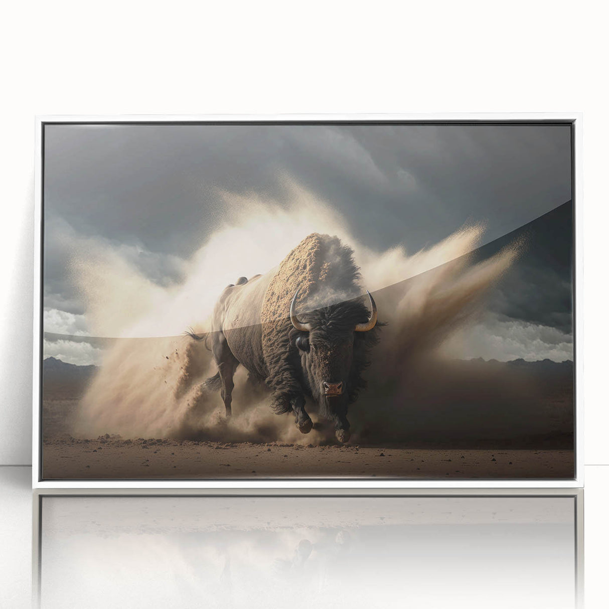 Framed wall art of a bison design showcasing a majestic buffalo in a natural habitat, featuring a white frame and acrylic glass for enhanced visibility and protection. Ideal for animal lovers and home decor enthusiasts seeking wildlife-inspired artwork.