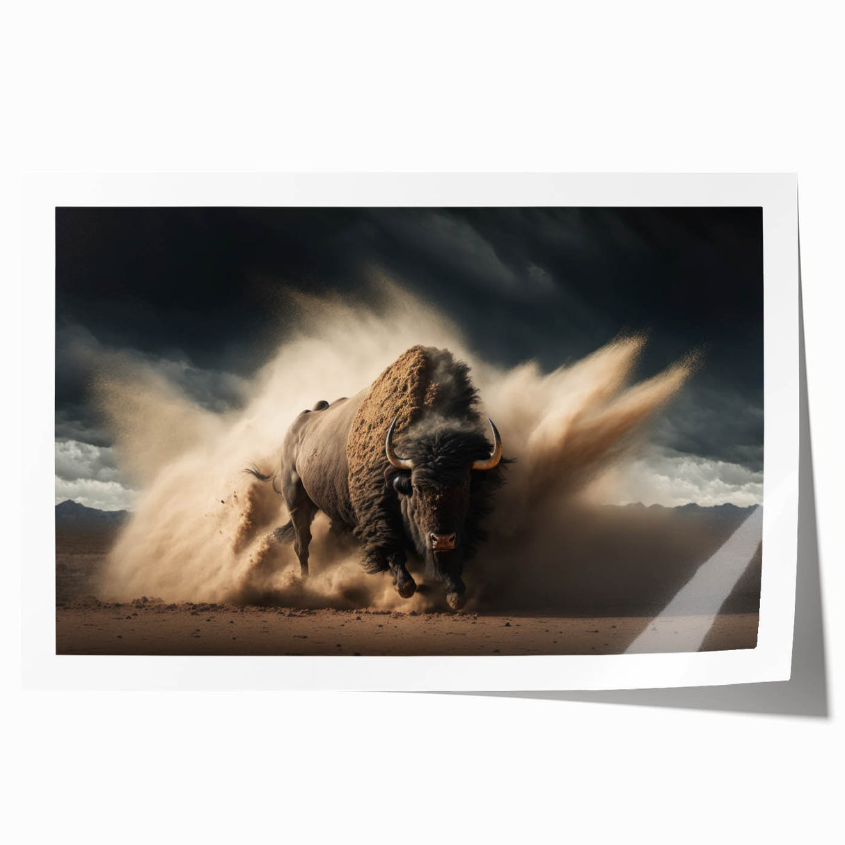 Buffalo wall art print showcasing a detailed illustration of a bison in a natural habitat, featuring vibrant colors and textures, ideal for wildlife enthusiasts' decor.