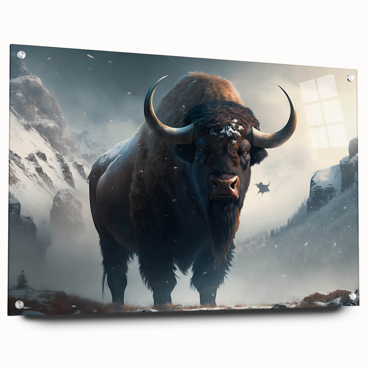Side view of a bison wall art piece featuring a striking acrylic glass design. The artwork showcases a detailed buffalo silhouette, enhancing any nature-themed decor.
