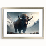 Framed wall art featuring a detailed silver-matted design of a buffalo, showcasing its majestic presence against a natural backdrop, ideal for wildlife enthusiasts and home decor.