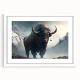 Framed wall art featuring a majestic buffalo design from the 'A Bisson Design' collection, set against a white mat, ideal for wildlife enthusiasts' decor.