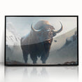 Framed acrylic wall art featuring a stunning black and white portrayal of a buffalo, showcasing intricate details and textures, perfect for wildlife enthusiasts.
