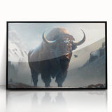 Framed acrylic wall art featuring a stunning black and white portrayal of a buffalo, showcasing intricate details and textures, perfect for wildlife enthusiasts.
