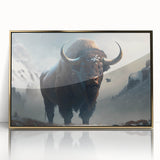 Framed acrylic wall art of a majestic buffalo in a golden hue, showcasing intricate details and textures, ideal for wildlife enthusiasts and home decor.