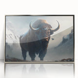 Framed acrylic wall art featuring a detailed front view of a bison in a silver frame, showcasing its majestic features and natural habitat, ideal for wildlife enthusiasts.