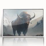 Framed wall art piece showcasing a detailed illustration of a buffalo, part of the A Bisson Design collection, set against a white background for a modern aesthetic. This striking artwork adds a touch of wildlife elegance to any space, perfect for animal lovers and art enthusiasts.