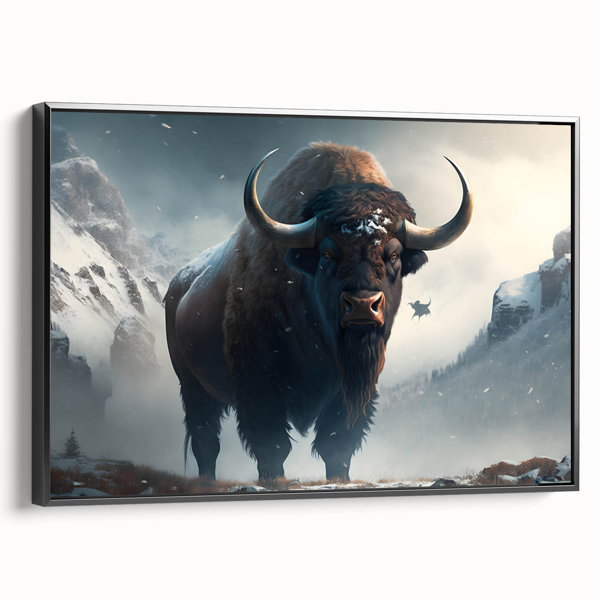 Framed wall art featuring a black buffalo side view design, showcasing intricate details and textures, perfect for enhancing home decor with a touch of wildlife elegance.