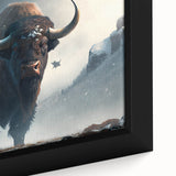 Close-up of a framed canvas wall art featuring a majestic bison, showcasing intricate details of its fur and powerful presence, ideal for wildlife enthusiasts and home decor.