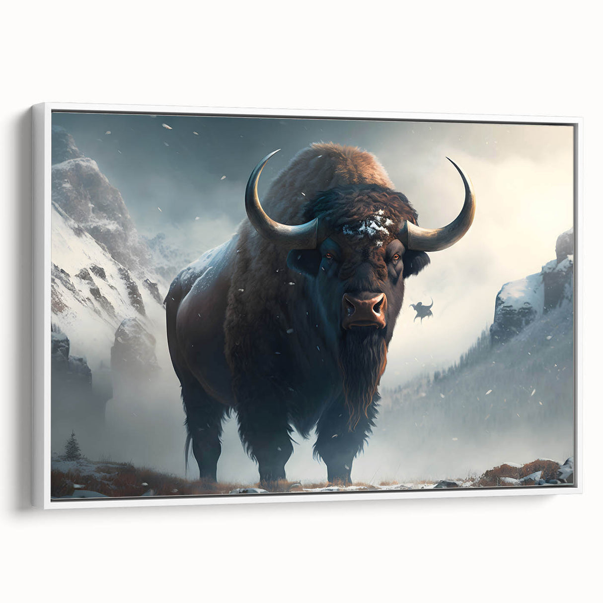 Framed canvas wall art depicting a majestic buffalo in a natural setting, showcasing fine details and vibrant colors, perfect for wildlife enthusiasts and home decor.
