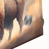 Close-up of a striking buffalo wall art piece showcasing a detailed acrylic design, featuring rich colors and textures, perfect for wildlife enthusiasts and home decor.
