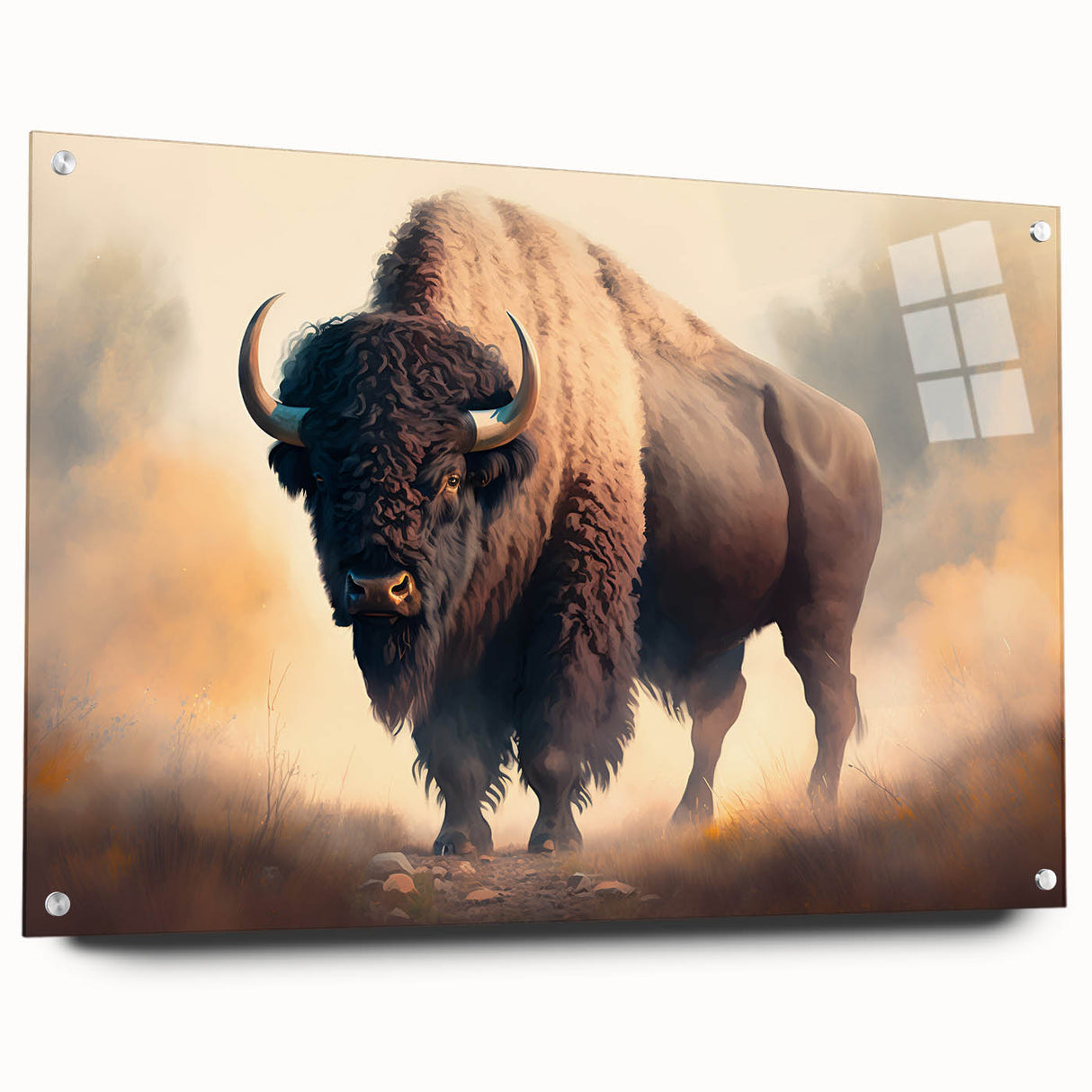 Acrylic glass wall art featuring a side view of a majestic buffalo from the "A Wild Life" collection, showcasing intricate design elements and vibrant colors, ideal for wildlife enthusiasts.