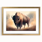 Framed wall art featuring a majestic bison in a natural setting, with a gold mat and sleek design, ideal for enhancing home decor with wildlife themes.