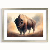 Framed wall art showcasing a majestic buffalo design in silver matting, perfect for wildlife enthusiasts. Ideal for adding nature-inspired decor to any room.