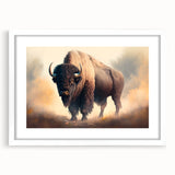Framed wall art featuring a majestic buffalo design, showcasing intricate details and a white mat, perfect for enhancing home decor with wildlife themes.