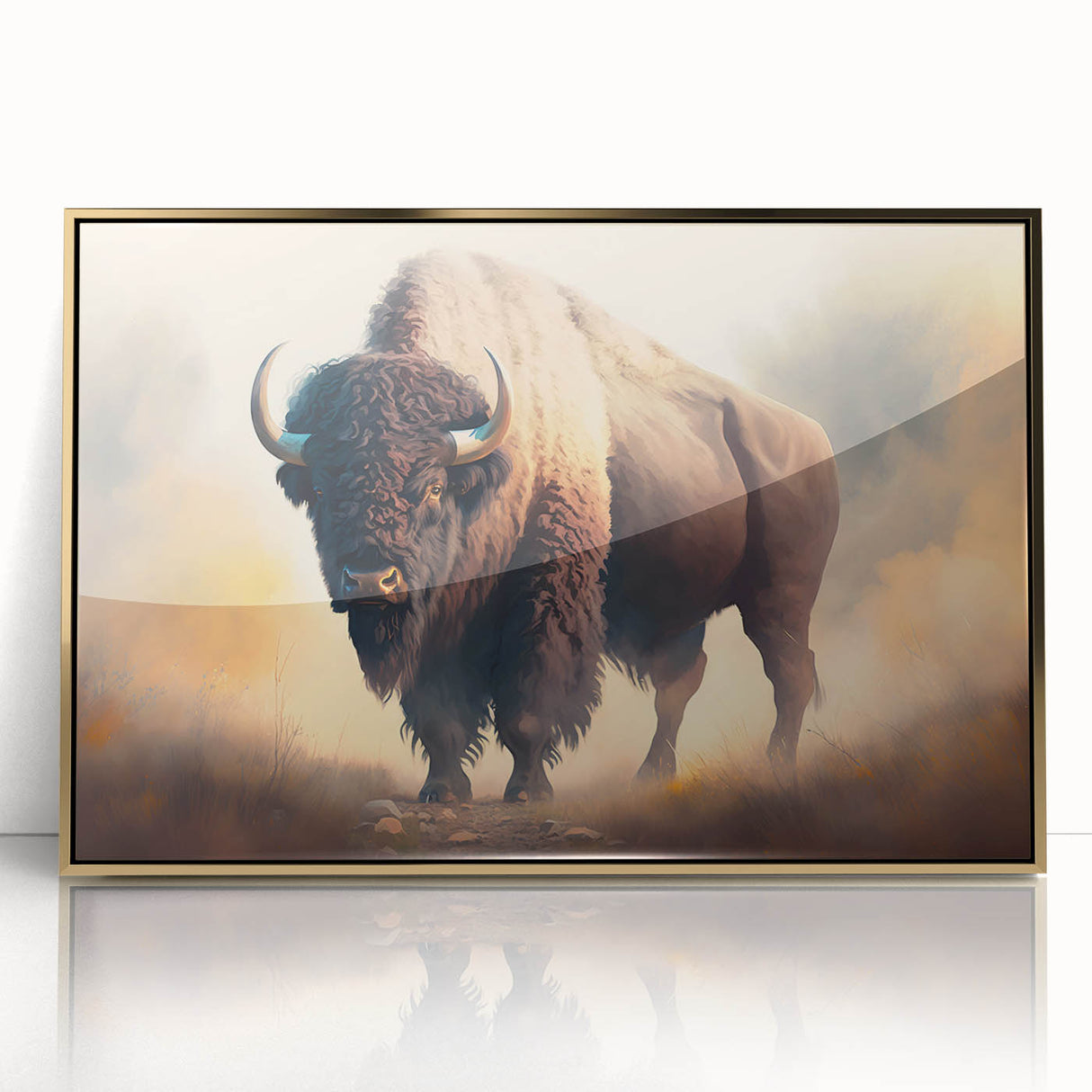 Framed wall art featuring a striking gold-accented design of a buffalo, showcasing its majestic front view, perfect for wildlife enthusiasts and home decor.