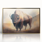 Framed wall art featuring a striking gold-accented design of a buffalo, showcasing its majestic front view, perfect for wildlife enthusiasts and home decor.