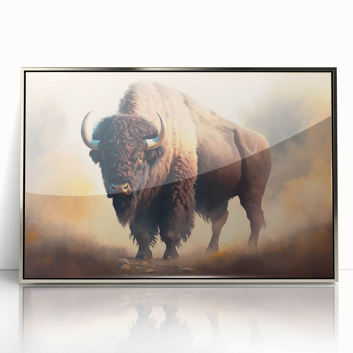 Framed wall art featuring a striking front view of a buffalo (bison) in a sleek silver frame, showcasing intricate details and vibrant colors, perfect for wildlife enthusiasts.