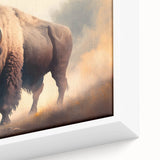 Close-up of a framed canvas wall art featuring a majestic buffalo, showcasing intricate details of its fur and expressive eyes, perfect for wildlife enthusiasts.