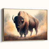 Framed canvas wall art depicting a majestic buffalo in a wild landscape, featuring a rich gold frame that enhances its natural beauty, ideal for wildlife enthusiasts.