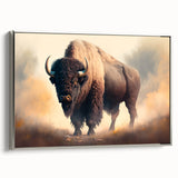 Framed wall art featuring a side view of a majestic buffalo in a natural setting, highlighting intricate details and textures, perfect for wildlife enthusiasts.