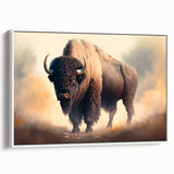 Framed canvas wall art featuring a side view of a majestic buffalo, showcasing intricate details in its fur and powerful stance, perfect for wildlife enthusiasts and home decor.