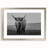 Framed wall art featuring a striking design of a bison in a natural setting, elegantly presented with a silver mat, ideal for wildlife enthusiasts and home decor.