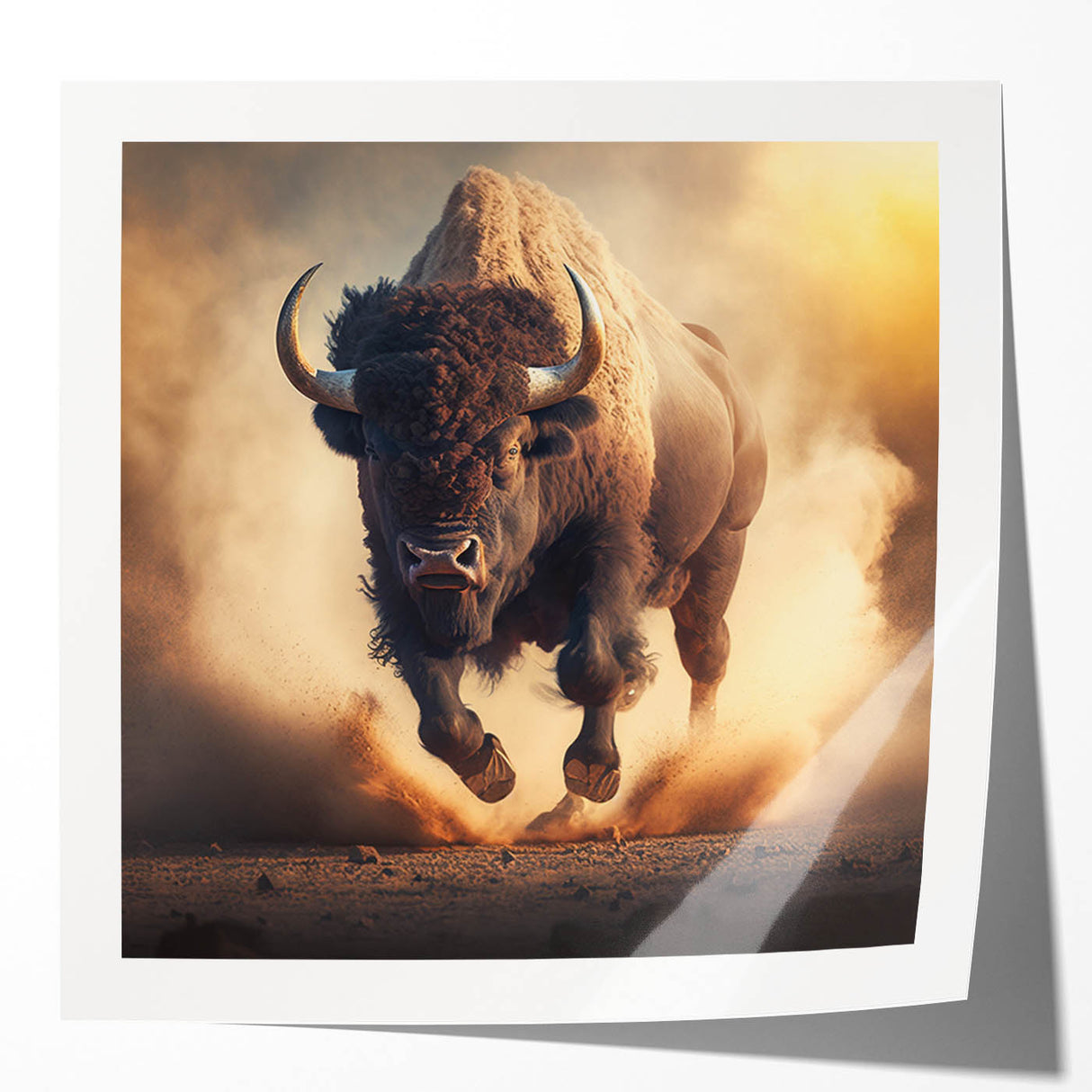 Buffalo wall art print showcasing a majestic bison in a natural setting, featuring rich colors and detailed textures, perfect for wildlife enthusiasts' decor.