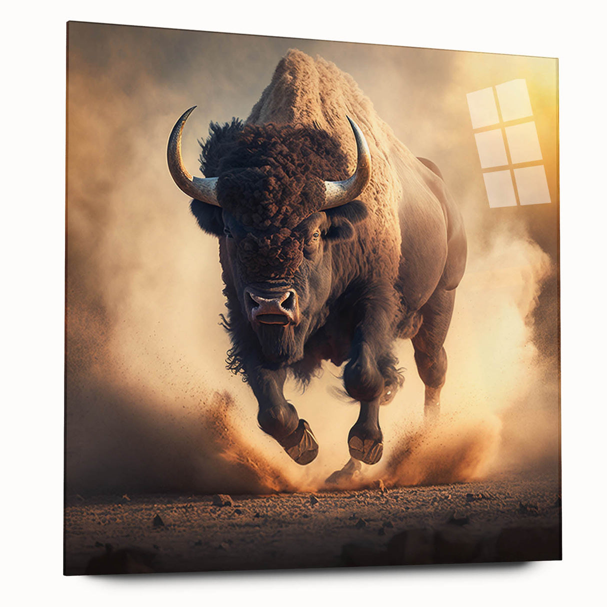 Acrylic glass wall art showcasing a striking side view of a wild buffalo, part of the 'Animals of the Wild' collection, emphasizing its intricate design and vibrant colors against a neutral background. Ideal for nature-themed decor.