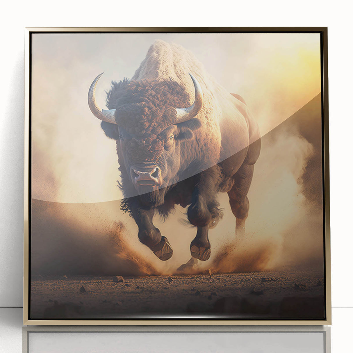 Framed wall art showcasing a striking gold-accented buffalo design, set against a sleek acrylic background, ideal for wildlife enthusiasts and home decor.