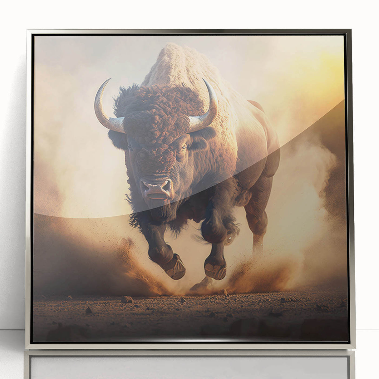 Framed wall art featuring a striking silver-acrylic design of a buffalo, showcasing detailed textures and vibrant colors, perfect for wildlife enthusiasts' home decor.