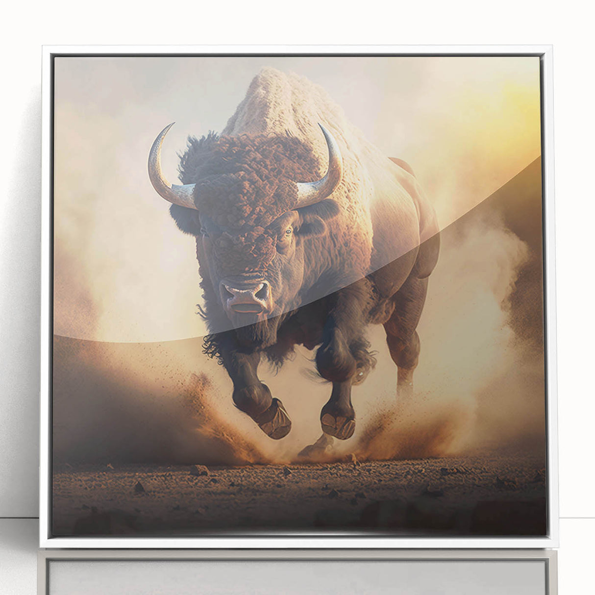 Framed acrylic wall art featuring a detailed illustration of a buffalo, showcasing a white frame and vibrant colors, ideal for wildlife enthusiasts and home decor.