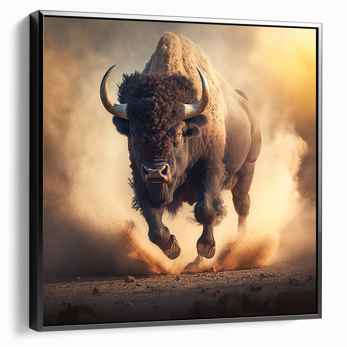 Framed wall art piece showcasing a side view of a majestic buffalo, featuring intricate black and white design elements, perfect for wildlife enthusiasts.