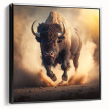 Framed wall art piece showcasing a side view of a majestic buffalo, featuring intricate black and white design elements, perfect for wildlife enthusiasts.