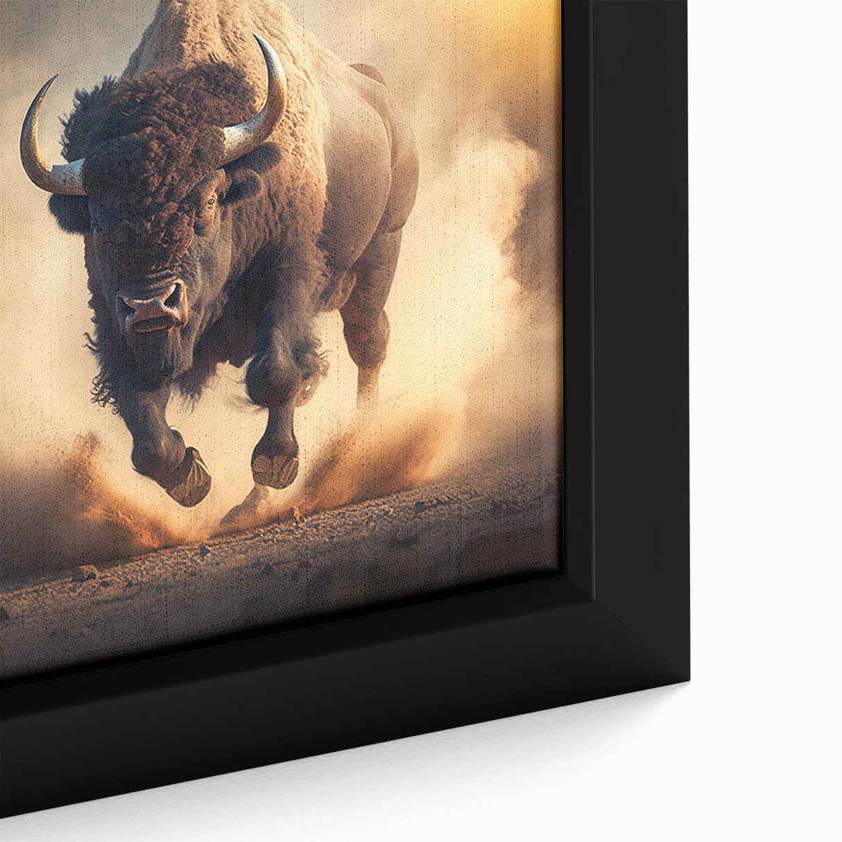 Close-up view of a framed canvas wall art depicting a majestic American bison in a natural setting, showcasing rich textures and earthy colors, perfect for wildlife enthusiasts.
