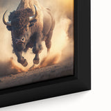 Close-up view of a framed canvas wall art depicting a majestic American bison in a natural setting, showcasing rich textures and earthy colors, perfect for wildlife enthusiasts.