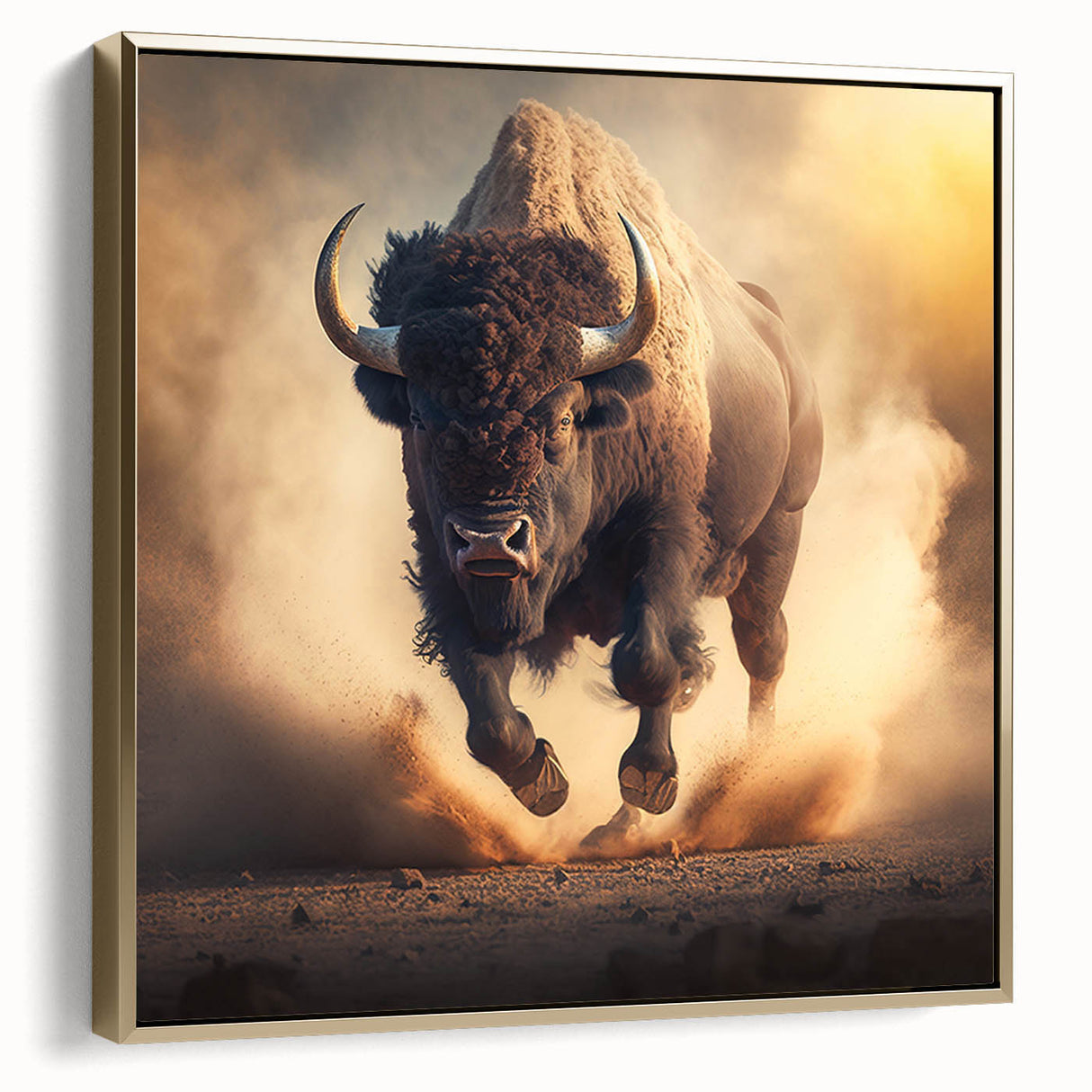 Framed canvas wall art featuring a majestic buffalo in profile, showcasing detailed textures and golden hues, perfect for wildlife enthusiasts and home decor.