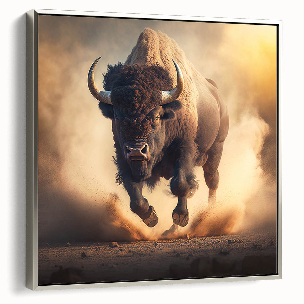 Framed wall art showcasing a silver side view of a majestic buffalo, part of a wildlife collection, perfect for nature enthusiasts and home decor.